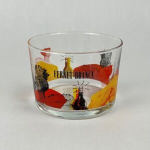 Vintage 1970s Fernet Branca Short Lowball Cocktail Glass Bright Graphic Print